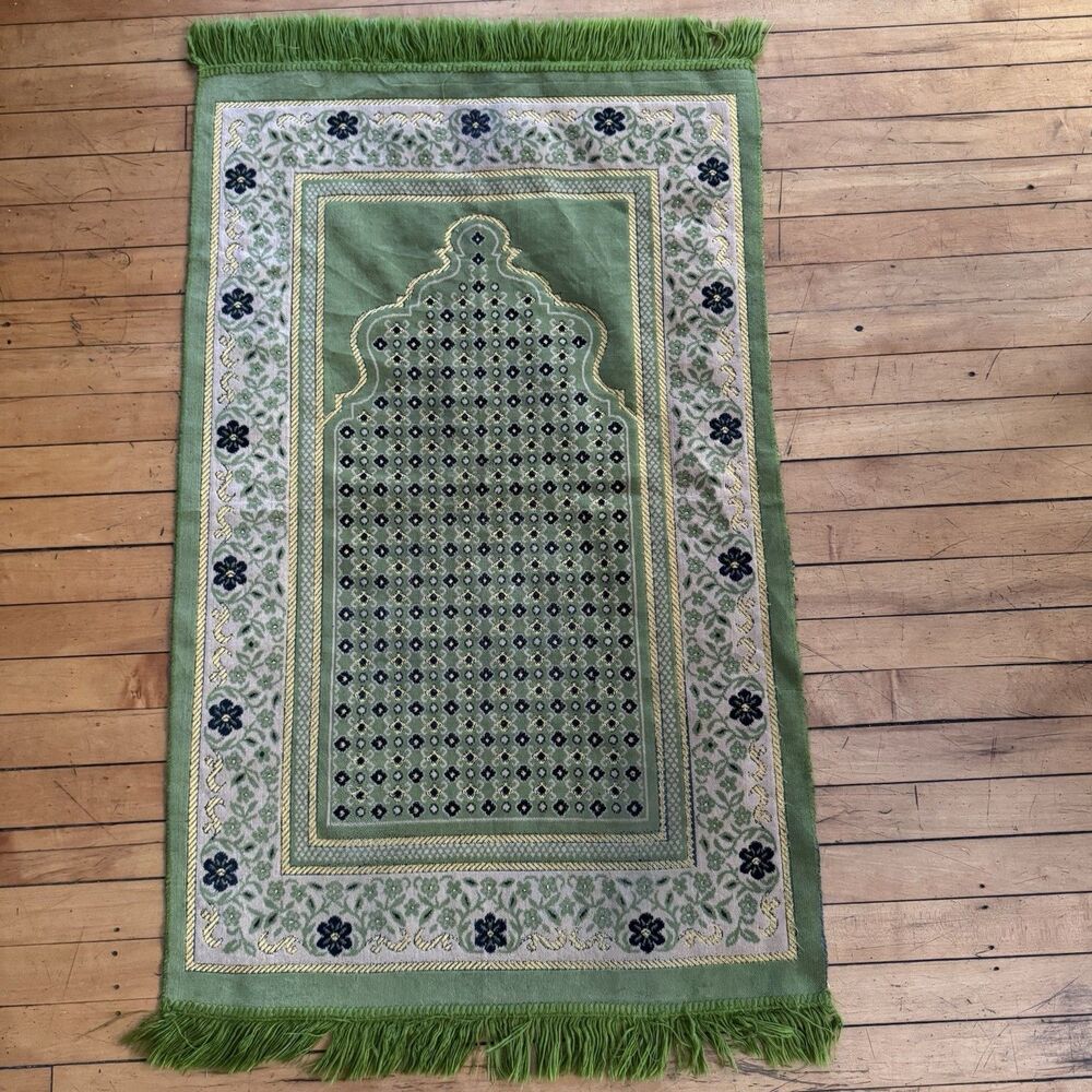 Vintage Turkish Prayer Rug Green Moss Gold